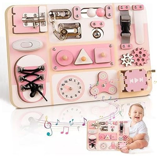 Montessori Busy Board for Toddlers 1-3 – Wooden Sensory Activity Board for Fine Motor Skills, Educational Learning Toy & Travel Busy Boards Gift for Boys and Girls