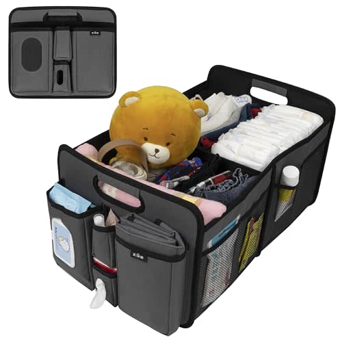 XEVAR Baby Diaper Caddy Organizer – Baby Caddy with Diaper Changing Mat, Car Diaper Caddy with 3 Compartments, 8 Mesh Pockets & Zipper Pocket – Portable Changing table Organizer for Diapers, Grey