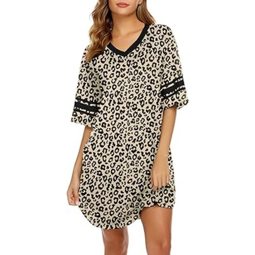 Ekouaer Womens Nightgown Cotton Sleepwear Short Sleeve Sleep Shirt V Neck Color Block Nightshirt