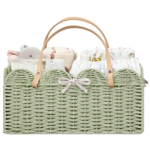 HBlife Large Baby Diaper Caddy, Paper Rope Scalloped Storage Baskets Nursery Bin with Removable Divider, Portable Car Organizer for Diapers, Baby Shower Gifts, Newborn Essentials Must Haves, Green