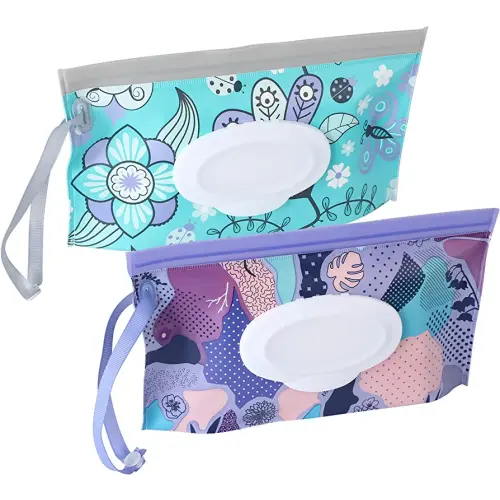 FEBSNOW 2 Pack Baby Wipe Dispenser, Reusable Portable Wipe Holder, Baby Wipes Container, Travel Baby Wipes, Refillable Wet Wipe Pouch (Floral)