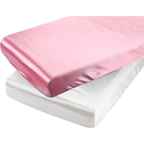 Satin Pack n Play Sheet Set 2 Pack Ultra Soft Silk Fitted Mini Crib Sheets Playard Sheet Protect for Baby Hair and Skin, Pink & White