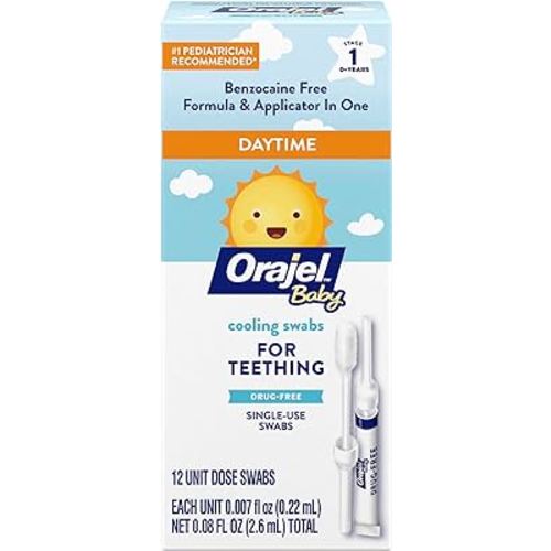 Orajel Baby Daytime Cooling Swabs for Teething, Drug-Free, 1 Pediatrician Recommended Brand for Teething*, 12 Swabs (Packing May Vary)