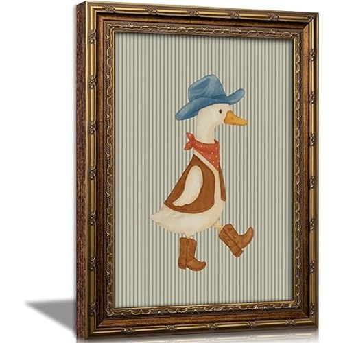 Vintage Gold Framed Cowboy Goose Wall Art, Silly Goose Striped Baby Boy Nursery Picture Wall Decor,Western Duck Painting Canvas Prints Rustic Farmhouse Poster Artwork for Living Room Bedroom Bathroom
