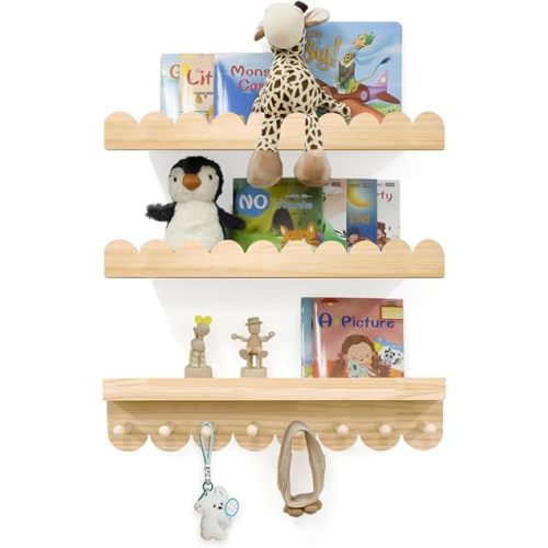 Floating Nursery Book Shelves with Hooks-20Inches Scalloped Shelves for Bedroom Kids Set of 3, Nursery Bookshelf for Kids Room Decor, Natural, Large