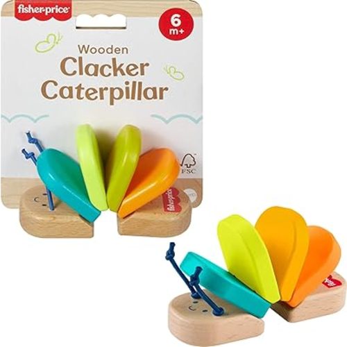 Fisher-Price Wood Baby Toy Clacker Caterpillar, Wooden Rattle Sensory Activity for Developmental Play Infants Ages 6+ Months