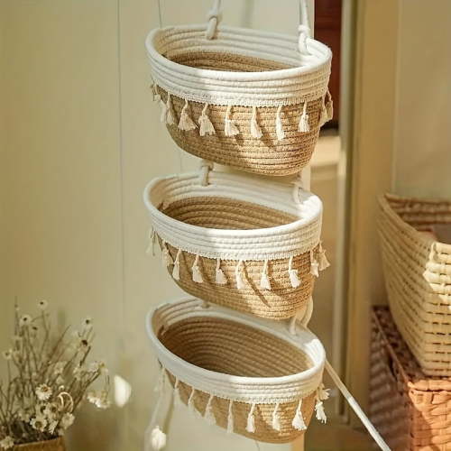3-Tier Over the Door Hanging Basket, Woven Cotton Wall-Mounted Storage Organizer, Decorative Kitchen Hanging Baskets