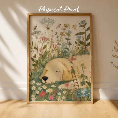 Golden Retriever and Fairies Art Print, Whimsical Dog Decor, Cottagecore Nursery Artwork, Dog Lover Gift (Printed Poster)