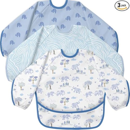 3 Pack Long Sleeve baby Bibs for Eating, Waterproof Smock Bib