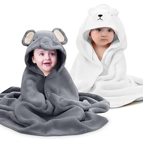 Pack of 2 Large Hooded Baby Towels for New Born- 31.5" x 31.5" Coral Fleece Fabric, Absorbent and Washable Hooded Towels for Kids and Infants- Toallas para Bebe - (Elephant & Bear Style)