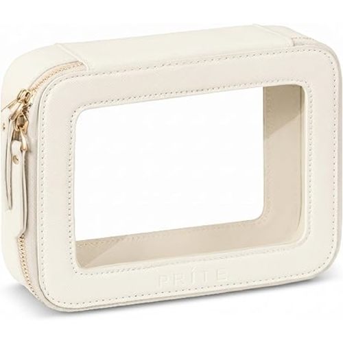 Prite Clear Makeup Bag Cosmetic Organizer Case Waterproof Travel Toiletry Bag Skincare Pouch with Golden Zipper(Beige)