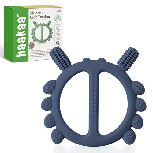 Haakaa Silicone Crab Baby Teether,Teething Toys,360°Baby Toothbrush Head for Infant Self-Brushing Training,Food-Grade Silicone,Steel Blue