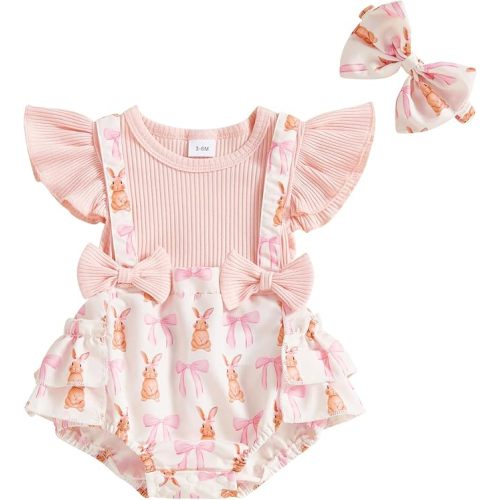 Baby Girls Easter Overall Romper Bunny Embroidered Flutter Sleeve Layered Ruffled Jumpsuit Headband Outfits