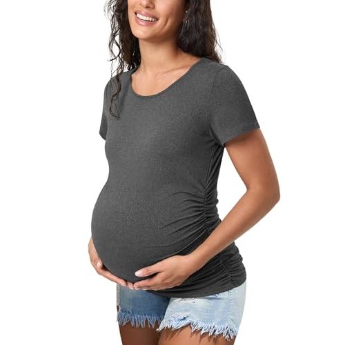 Happy.angel Maternity Shirts Short Sleeves Women's Pregnancy Top Tees Crew Neck Side Ruched Tunic Blouses Summer Clothes