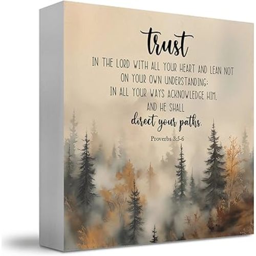 Christian Desk Decor, Proverbs 3:5-6 Bible Verse Wooden Box Sign, Fall Autumn Farmhouse Foggy Forest Religious Scripture Wood Block Box for Home Office Desk Shelf Table Decor, 5x5 Inch