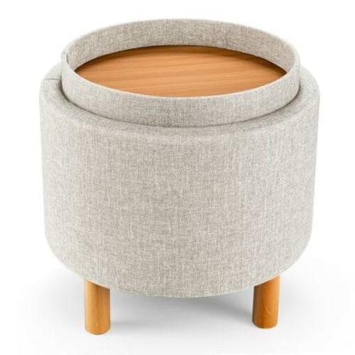 Costway Round Storage Ottoman w/Tray Top Accent Padded Footrest w/Wood Legs Beige