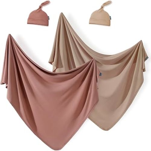 2 Set Newborn Swaddle Blanket with Beanie(4 pcs), Ultra Soft Stretchy Jersey Knit Extra Large Size 33 x 44 Receiving Blankets for Easy Swaddling Baby Snug and Cozy