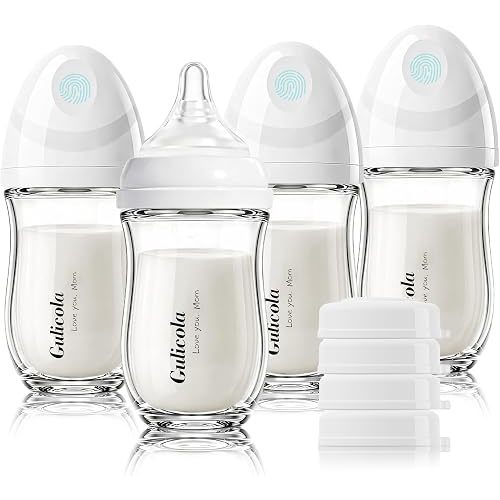 Gulicola Natural Glass Baby Bottle 4 Pack, Newborn Breastfeeding Bottles Set, Extra Slow Flow Nipples (SS), Anti Colic, 0 Months+, 5 oz - White