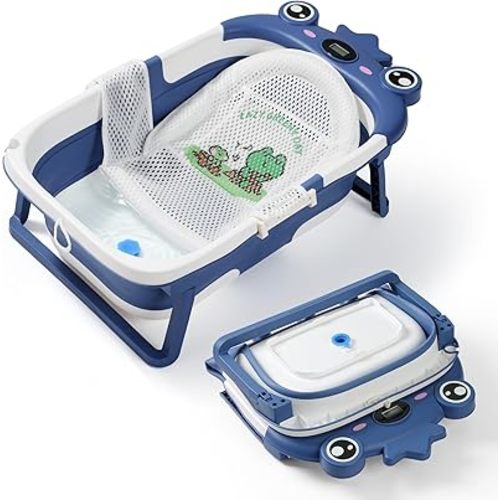 Baby Bathtub,Collapsible Baby Bath Tub with Soft Cushion & Thermometer, Space Saving Foldable & Travel Newborn Bathtub for Infant to Toddler 0-36 Months, Frog Blue