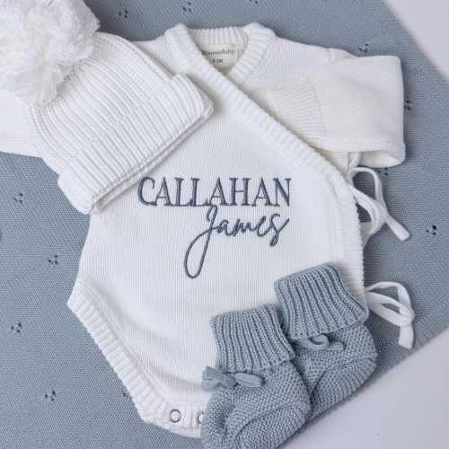 Personalized Newborn Coming Home Outfit, Embroidered Romper, Hat & Booties, Baby Shower Gift