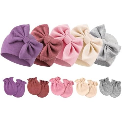 Newborn Baby Hats and Mittens Set Infant Bow Beanie Cap Toddler Gloves Newborn Hospital Hats for Baby Boy Girl 0-6 Months