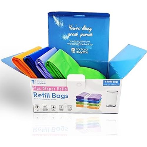 Factory Happyou® Pack of 4 Refills Compatible with Dekor PLUS Diaper Pails (NOT COMPATIBLE WITH DEKOR CLASSIC). A Refill is 394 in Long, 30% Thicker. Odor Control. Each Refill Holds up to 600 Diapers