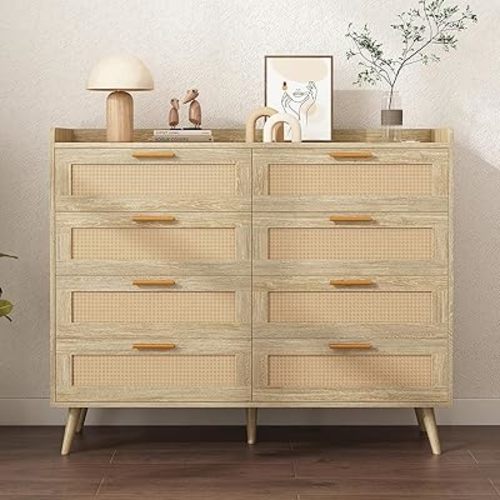 8 Drawers Dresser for Bedroom, 47'' W Rattan Storage Dresser TV Stand with Power Outlet, Chest of Drawers for Kids Room, TV, Living Room, Entryway