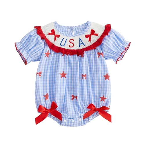 Baby Girl 4th of July Outfit USA Embroidery Bubble Romper Short Sleeve Plaid Jumpsuit Cute Smocked Clothes