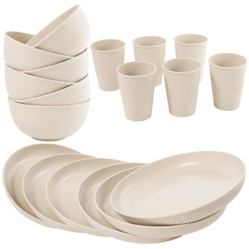 36-Piece Reusable Wheat Straw Dinnerware Sets for 6, Farielyn-X Unbreakable Reusable Set Kitchen Cups, Plates, Bowls Sets & Cultery Dishwasher Microwave Safe - Patio, Outdoors, RV, Camping Dishes