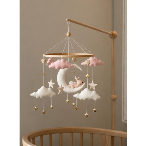 Felt Moon Baby Mobile | Pink Clouds, Stars, Bunny Nursery Decor