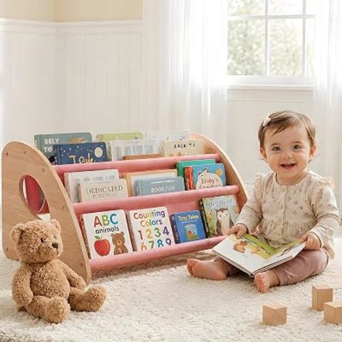 Kids Bookshelf - 4-Tier Montessori Book Shelf for Kids Rooms, Easy Installation, Eco-Friendly Wooden Storage Organizer, 28.7" x 15.7" x 13.6" Natural/Pink