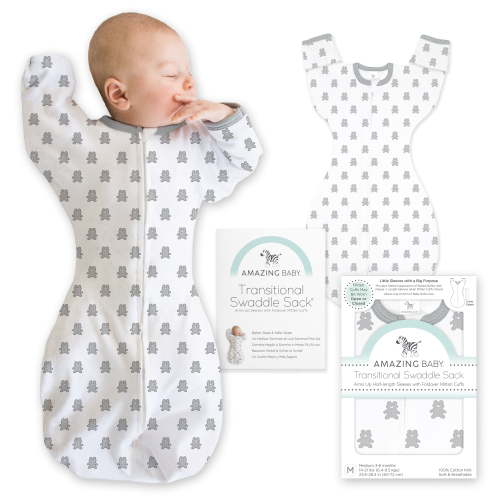 Amazing Baby Transitional Swaddle Sack with Arms Up Half-Length Sleeves and Mitten Cuffs, Better Sleep for Baby Boy & Baby Girl, Tiny Bear, Small, 0-3 Mo, 6-14 lbs