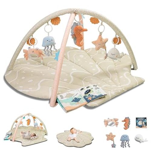 Baby Play Mat, Oversize Shell Tummy Time Mat with 6 Detachable Baby Activity Toys, Baby Gyms & Playmats for Babies 0-6 Months, Baby Essentials Mat for Floor Newborn Baby Shower Gifts (Beige)