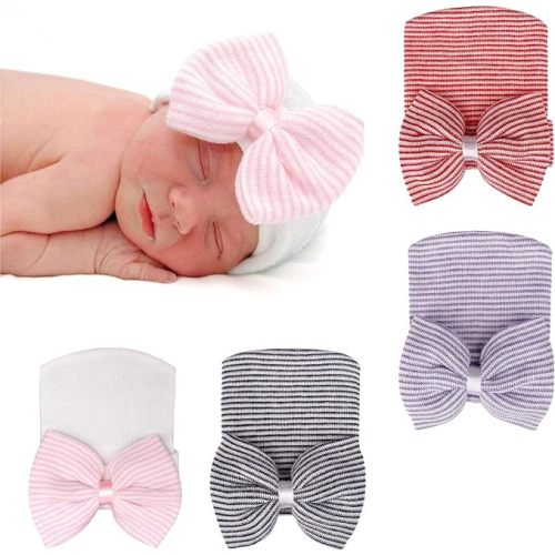 DRESHOW BQUBO 4 Pack Newborn Hospital Hat Infant Baby Hat Cap with Big Bow Soft Cute Knot Nursery Beanie