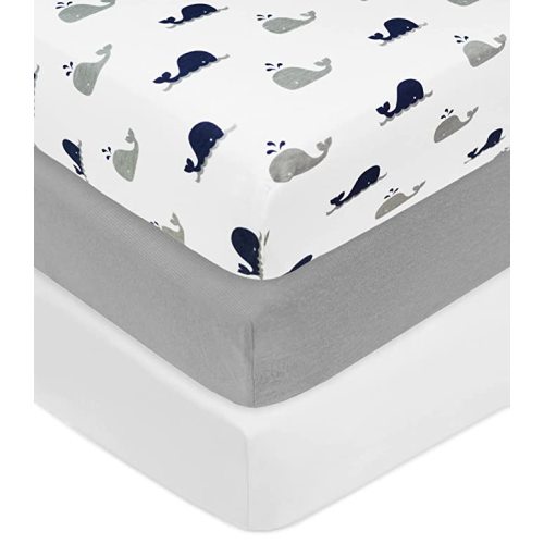 American Baby Company 3 Pack 100% Natural Cotton Fitted Crib Sheets 52" x 28" - Soft, Breathable, Hypoallergenic & Gentle Toddler Bed Sheets, Navy Whale/Gray/White
