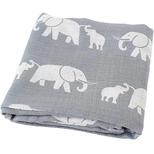 Swaddle Blankets Muslin By LifeTree - "Elephant Print" Extra Soft Bamboo Cotton Burp Cloths & Stroller Cover - Oversized 47"x 47" Baby Receiving Blanket for Baby Shower Gift - 3.Gray Elephant