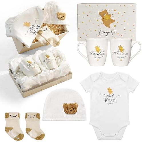 AW BRIDAL 11Pcs Gender Reveal Gifts, Baby Shower Gift Baskets for Girl Boy | New Mom Gifts for Women 2026 with Mom and Dad Coffee Mugs, New Parents Gift for Couples, Expecting Mommy to Be