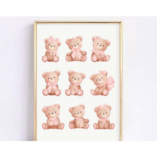 Miluva Coquette Teddy Bear Wall Art, Bow Wall Art, Coquette Room Decor, Grandmillenial Art, Nursery Wall Art, Balletcore Print Baby Girl Room Decor ,Decor For Living Room Bedroom, 12x18 UNFRAMED