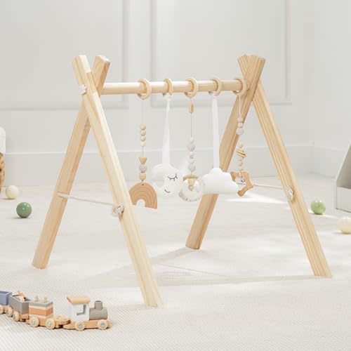 Comfy Cubs Wooden Baby Play Gym - Natural Finish Pinewood Baby Activity Gym with 5 Sensory Hanging Toys - Easy No-Tool Assembly, Safe and Durable for Infant Motor and Visual Development - Natural Wood
