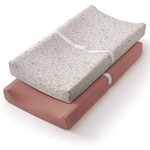Blissful Diary Muslin Changing Pad Cover for Baby Girls, Ultra Soft Breathable Cotton, Baby Diaper Change Table Pad Covers, 2Pack (Blush Bunny & Dusty Pink)