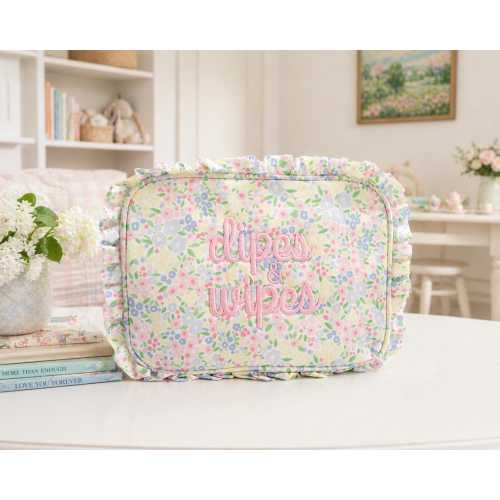 Embroidered Diaper Pouch | Dipes and Wipes Bag | Ruffled Floral Diaper Clutch | Baby Shower Gift | Newborn Gift | Diaper and Wipes Organizer