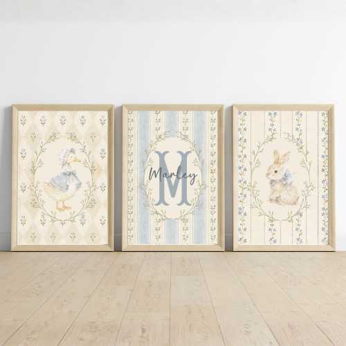 Cottagecore Nursery Wall Art| Vintage Nursery Decor| Personalized name sign Initial | Storybook Animals
