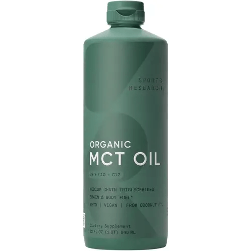 Sports Research Organic MCT Oil - Keto & Vegan MCTs C8, C10, C12 from Coconuts - Fatty Acid Brain & Body Fuel, Non-GMO & Gluten Free - Flavorless Oil, Perfect in Coffee, Tea & Protein Shakes - 32 oz