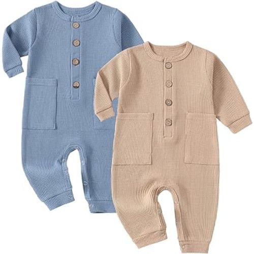 Baby Boys Girls 2 Pack Solid Romper Waffle Long Sleeve One-Piece Cotton Jumpsuit Outfits Clothes