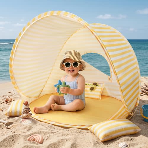 Tiny Land Baby Beach Tent – Pop Up Baby Tent with UV Protection, Portable Baby Beach Essentials, 35.4"x27.6"x31.5" Sun Shelter for Infants, Baby Summer Outdoor Use (Pastel Yellow Stripes)