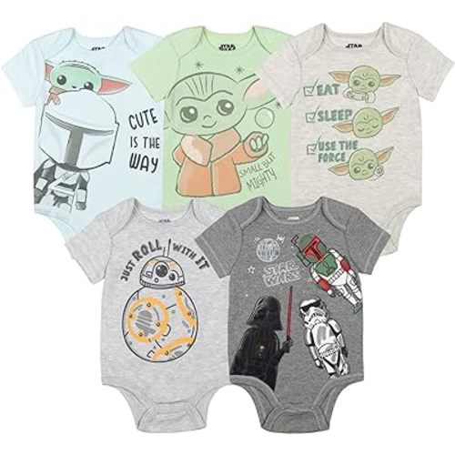STAR WARS Chewbacca C-3PO R2-D2 Darth Vader Yoda 5 Pack Short Sleeve Bodysuits Newborn to Infant