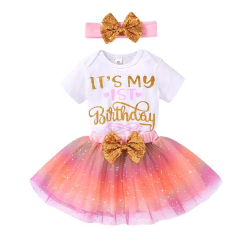 Younger Tree It's My 1st Birthday Dress Infant Pink Shiny Printed Sequin Bowknot Tutu Princess Dress for Birthday Party