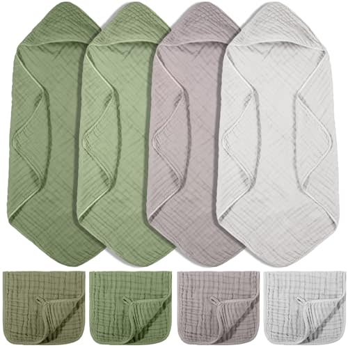 VitalCozy 8 Pcs Baby Muslin Hooded Bath Towels and Washcloths, 32 x 32 Inch Muslin Hooded Baby Towels Absorbent Blankets for Gift Newborn Infant Shower (Morandi Color)