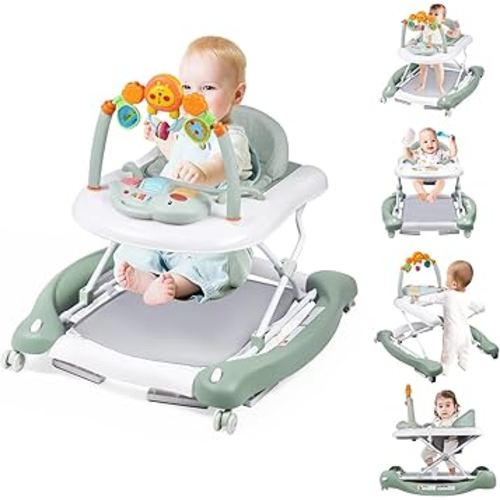 Baby Walker, 5-in-1 Baby Walkers for Boys and Girls 6-12 Months with Bouncer, Removable Footrest, Feeding Tray & Music, Foldable & Adjustable Activity Walker for 6-18 Months Toddler Infant