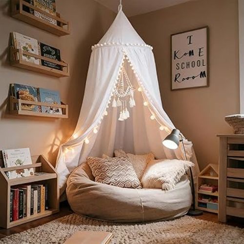 Bed Canopy with Pom Pom Cotton Canopy for Kids Crib Baby Girl Netting Cover Canopy Crib Curtain Reading Nook Hanging Tent Nursery Play Game Castle Room Decoration (White)